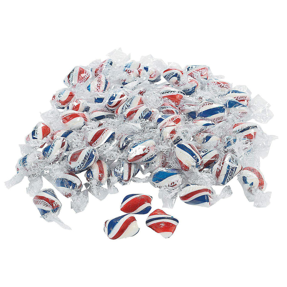 Fun Express patriotic red white blue peppermint candies in a 2 lb bag for celebrations.