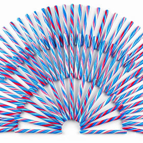 Fun Express red white blue candy cane 5-inch on a festive display, ideal for party favors.