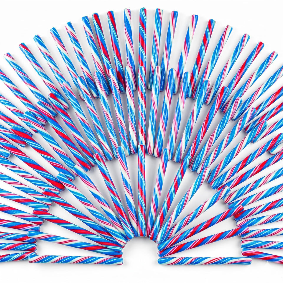 Fun Express red white blue candy cane 5-inch on a festive display, ideal for party favors.