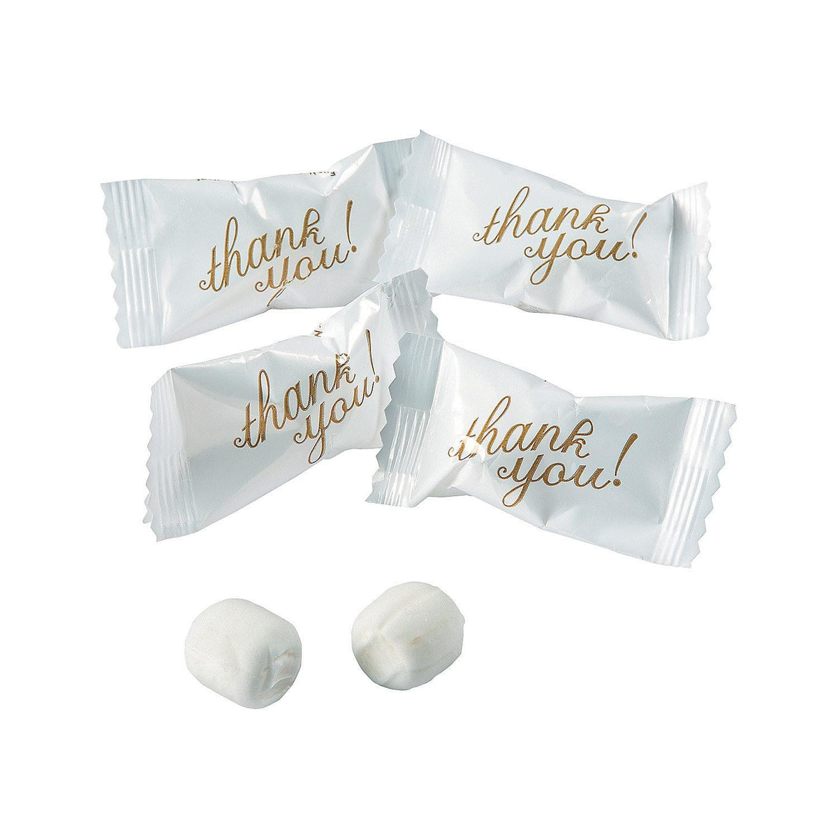 Fun Express Thank You mints with gold script wrapping for classy wedding favors.