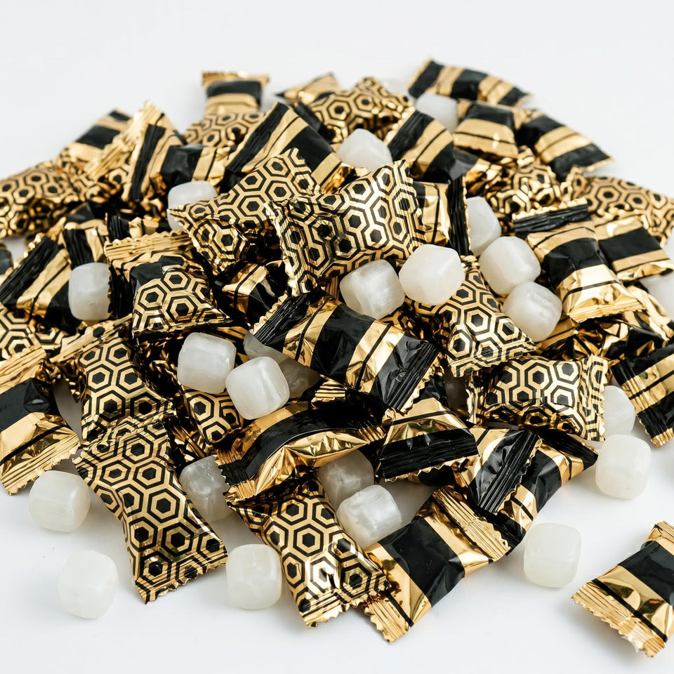 Fun Express black and gold wrapped butter mints on an elegant wedding candy buffet.