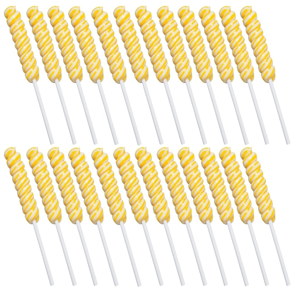 Fun Express yellow lemon swirl lollipops on display for color-filled candy buffet.