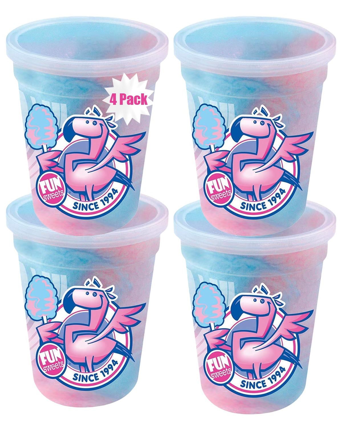 Fun Sweets cotton candy 4-pack with blue raspberry and cherry swirl, party-ready display