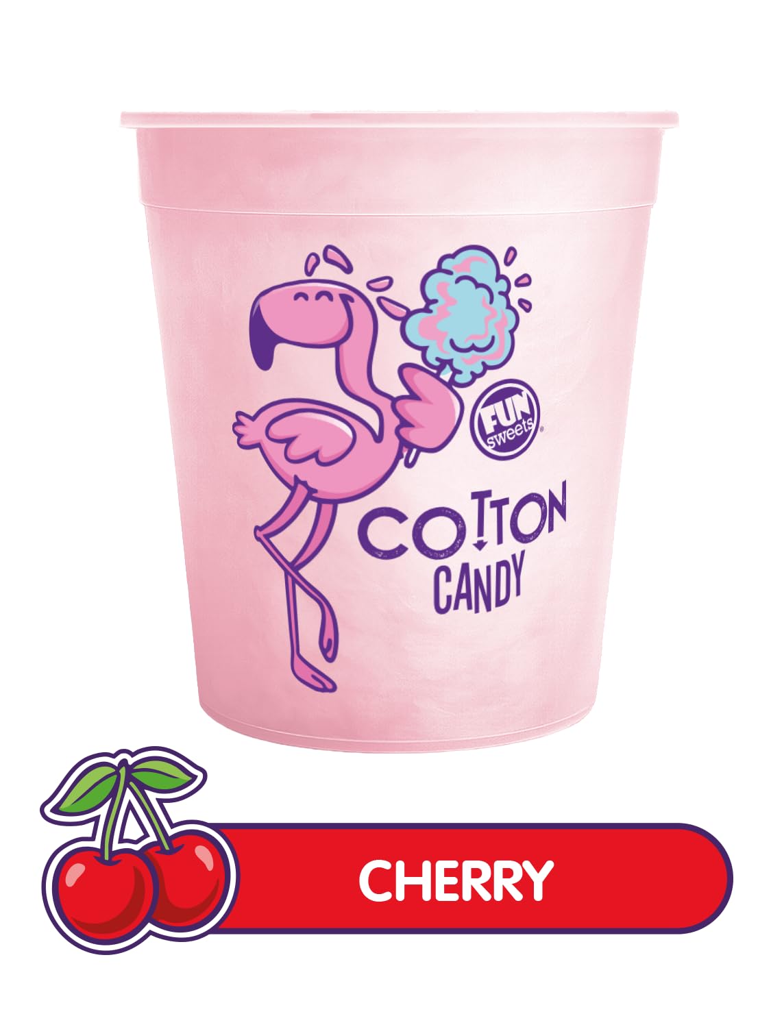 Fun Sweets Pink cotton candy 1.5 oz tub label visible, ideal grab-and-go snack.
