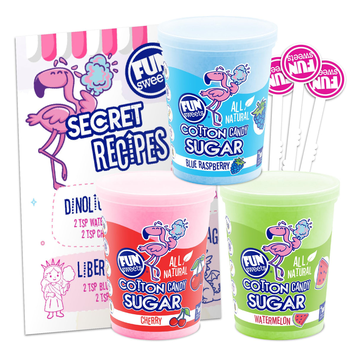 Fun Sweets three-flavor cotton candy sugar pack packaging for home use.