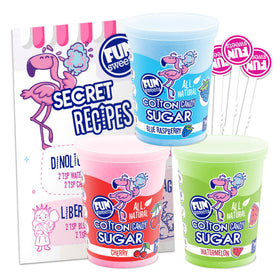 Fun Sweets three-flavor cotton candy sugar pack packaging for home use.