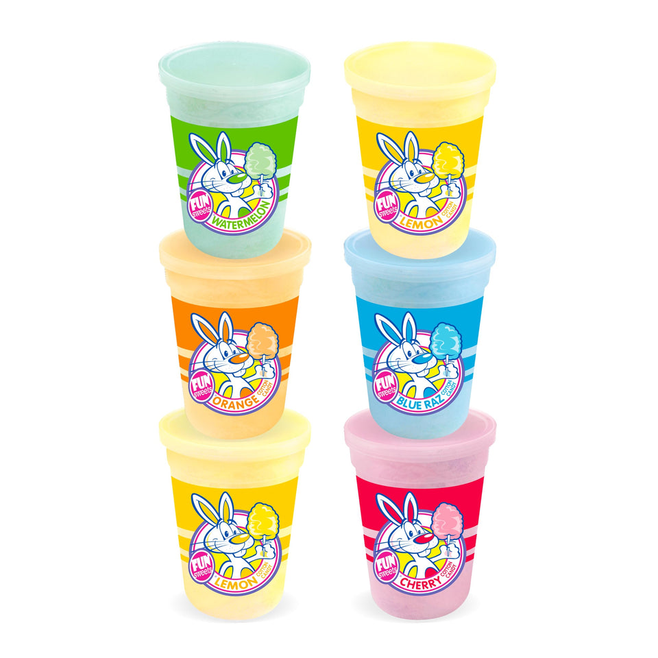 Fun Sweets Cotton Candy Variety 6-Pack tubs shown for easy, shareable party snacks.