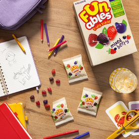 Funables raspberry pouch showcases berry goodness for kids' snacks and school lunches.