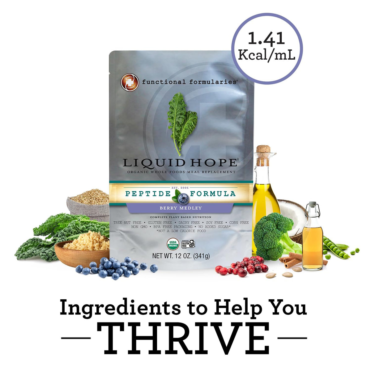 Functional Formularies Liquid Hope Berry Medley pouches on display, highlighting fiber rich meal replacement