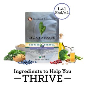 Functional Formularies Liquid Hope Berry Medley pouches on display, highlighting fiber rich meal replacement
