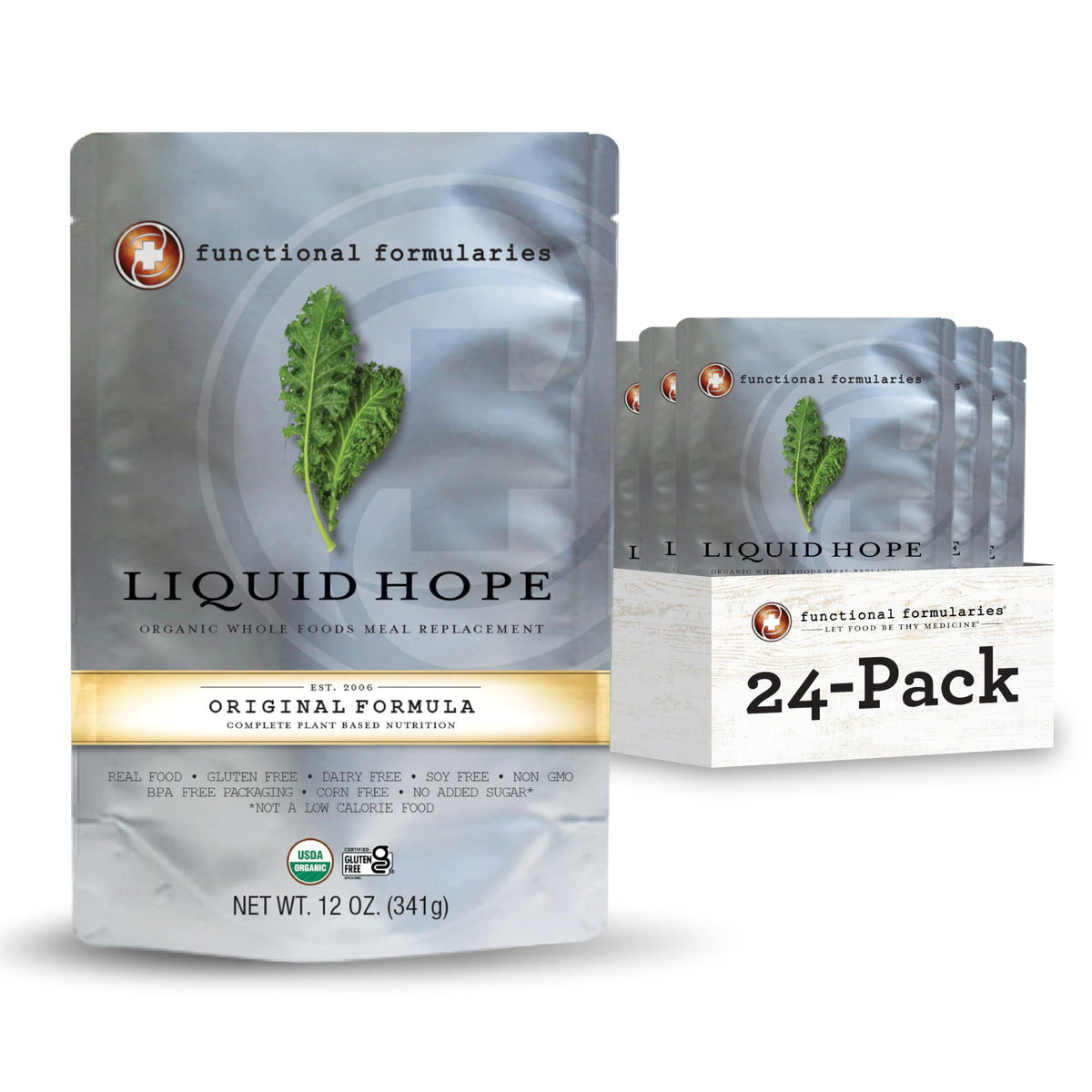 Functional Formularies Liquid Hope bottle shows complete plant-based nutrition for adults as a meal replacement.