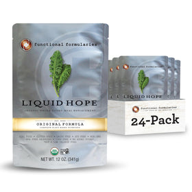 Functional Formularies Liquid Hope bottle shows complete plant-based nutrition for adults as a meal replacement.