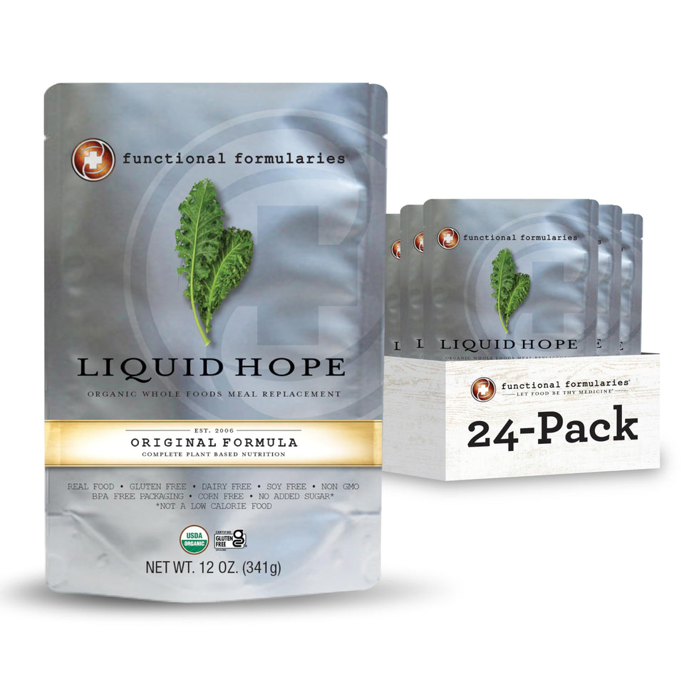 Functional Formularies Liquid Hope bottle shows complete plant-based nutrition for adults as a meal replacement.