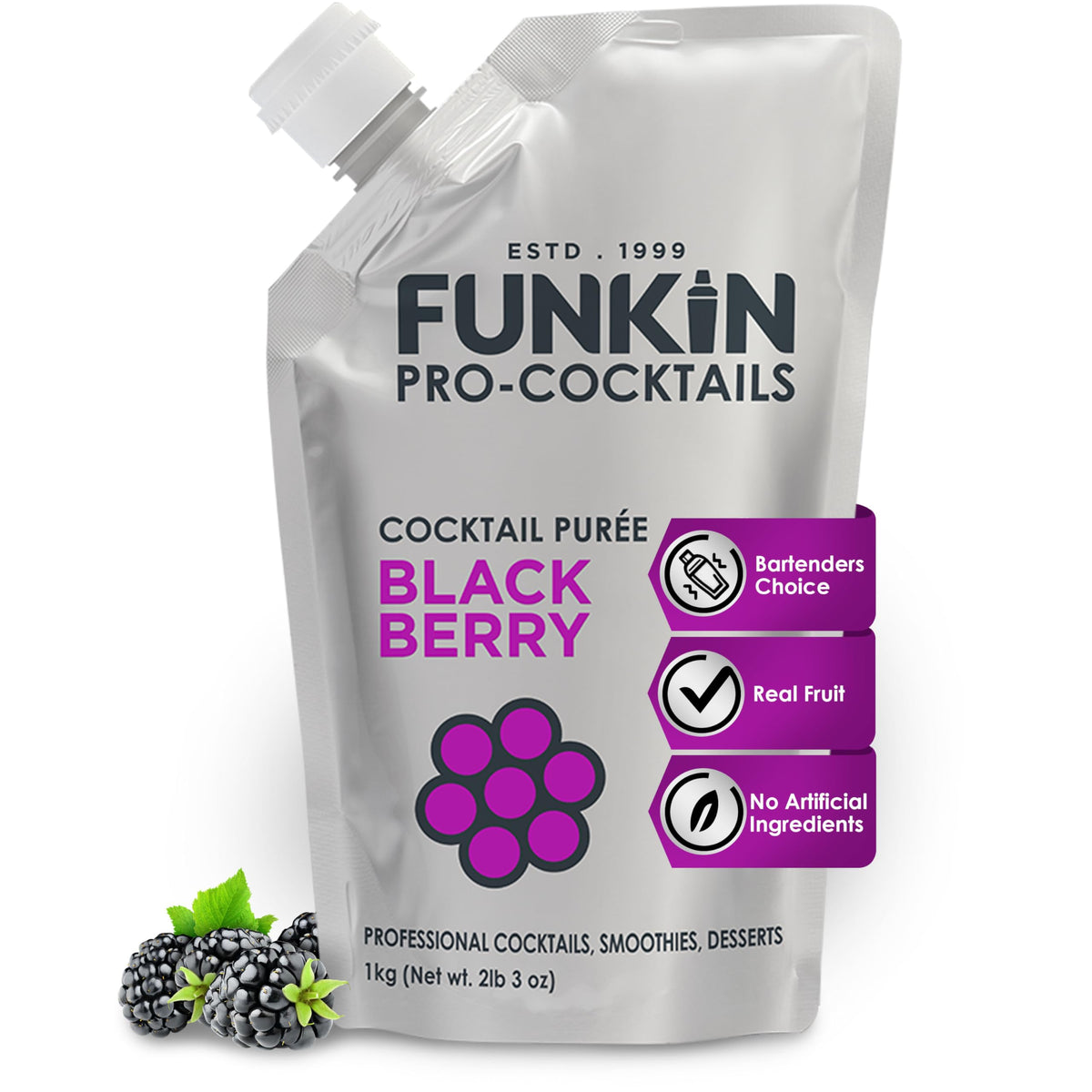 Funkin Blackberry puree bottle pouring for real-fruit cocktails