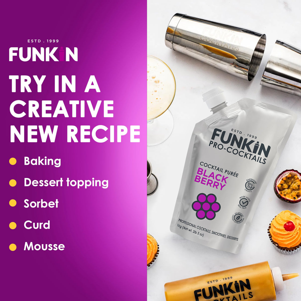 Funkin Blackberry puree pictured in kitchen for baking use