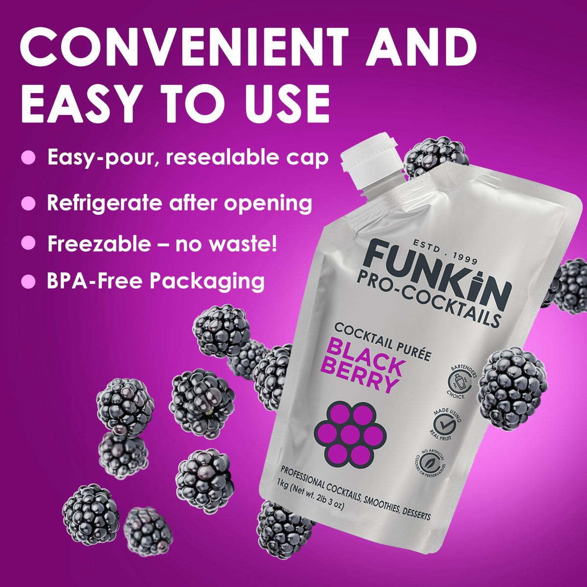 Funkin Blackberry packaging demonstrates easy-open, resealable design
