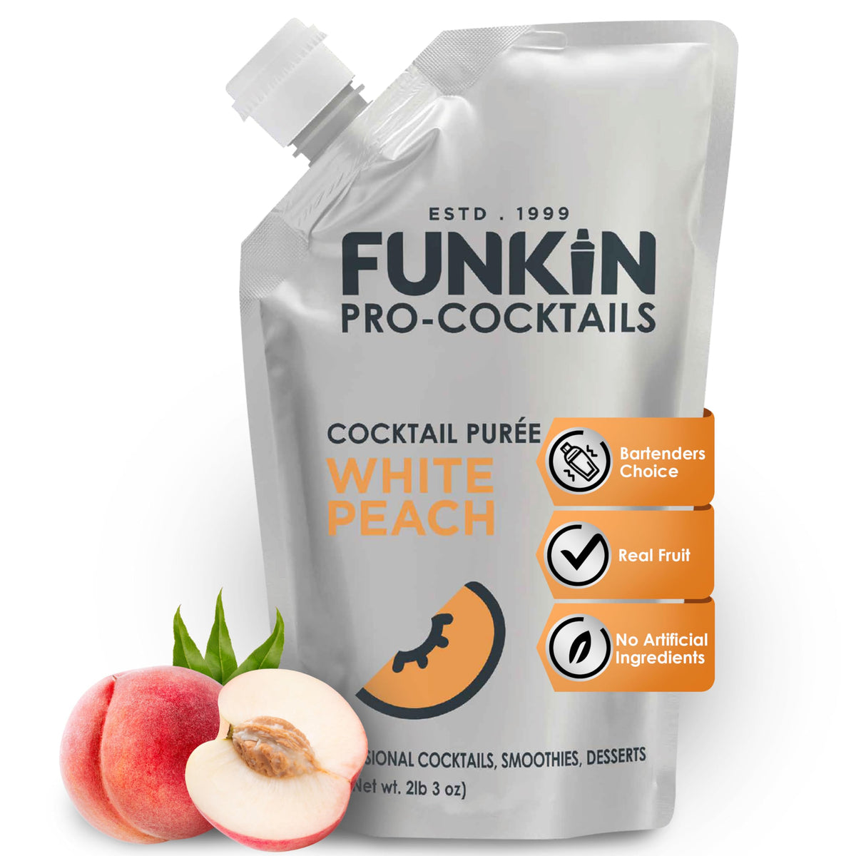 Funkin White Peach Puree bottle ready to pour into a cocktail for easy mixing
