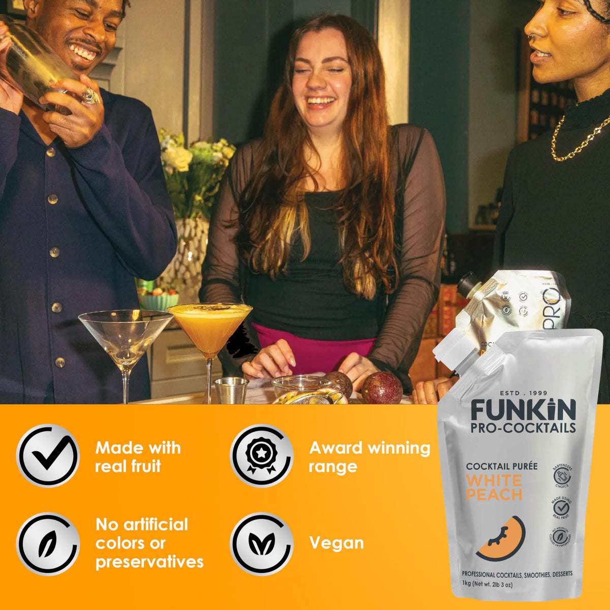 Close-up of Funkin Puree beside fresh peaches and herbs