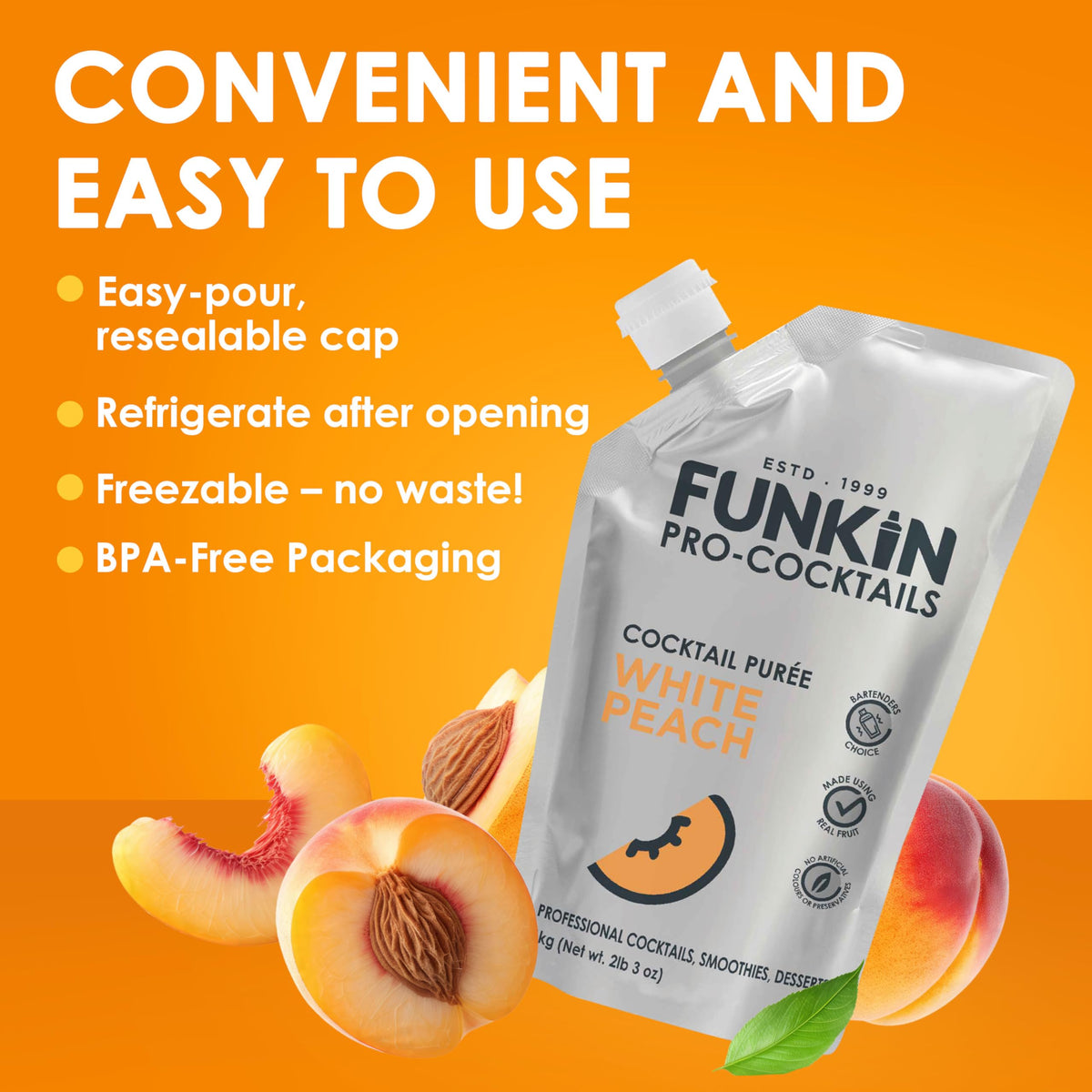Funkin White Peach Puree topping on ice cream for a fruity finish