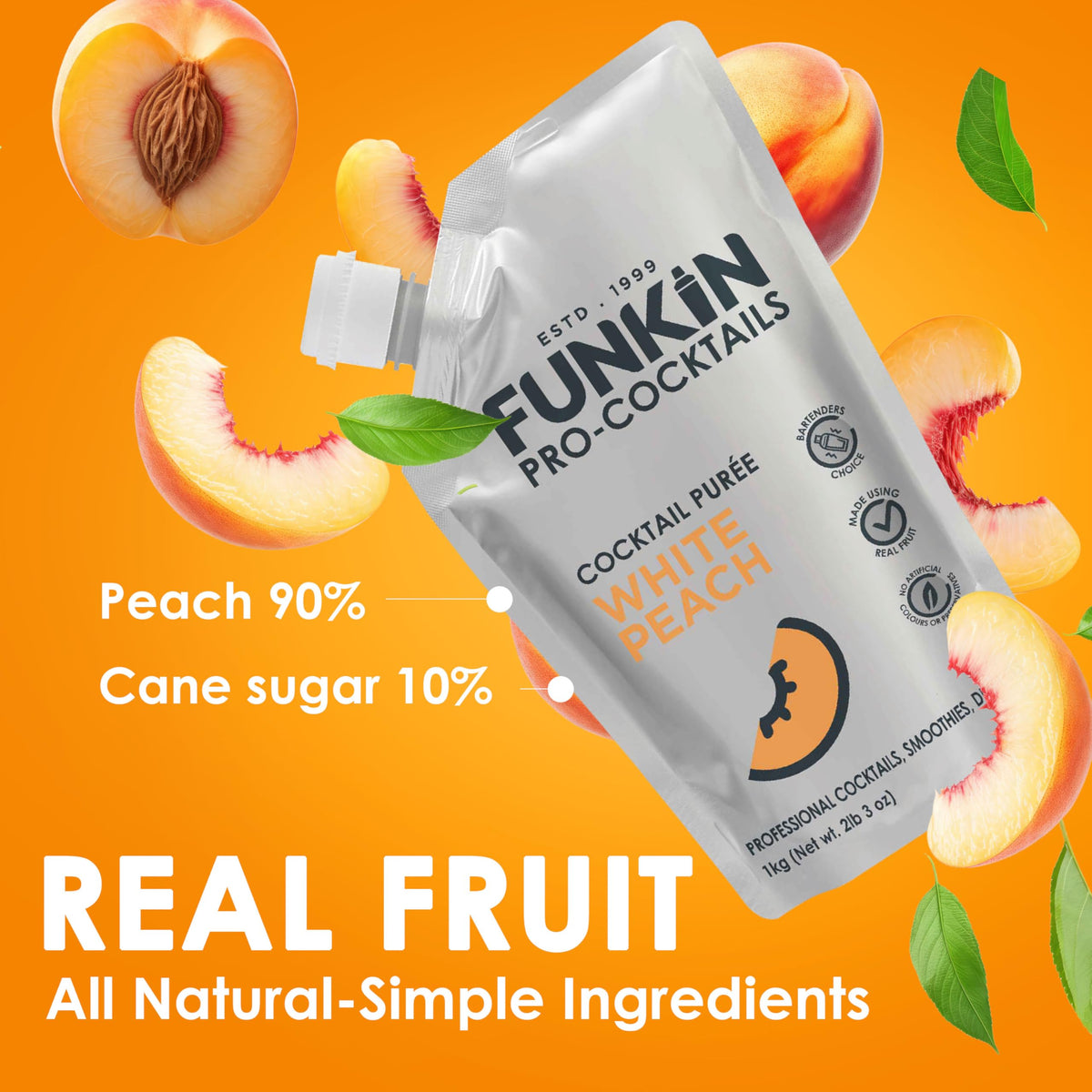 Pouring Funkin White Peach Puree into a vibrant peach cocktail