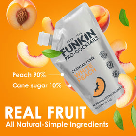 Pouring Funkin White Peach Puree into a vibrant peach cocktail