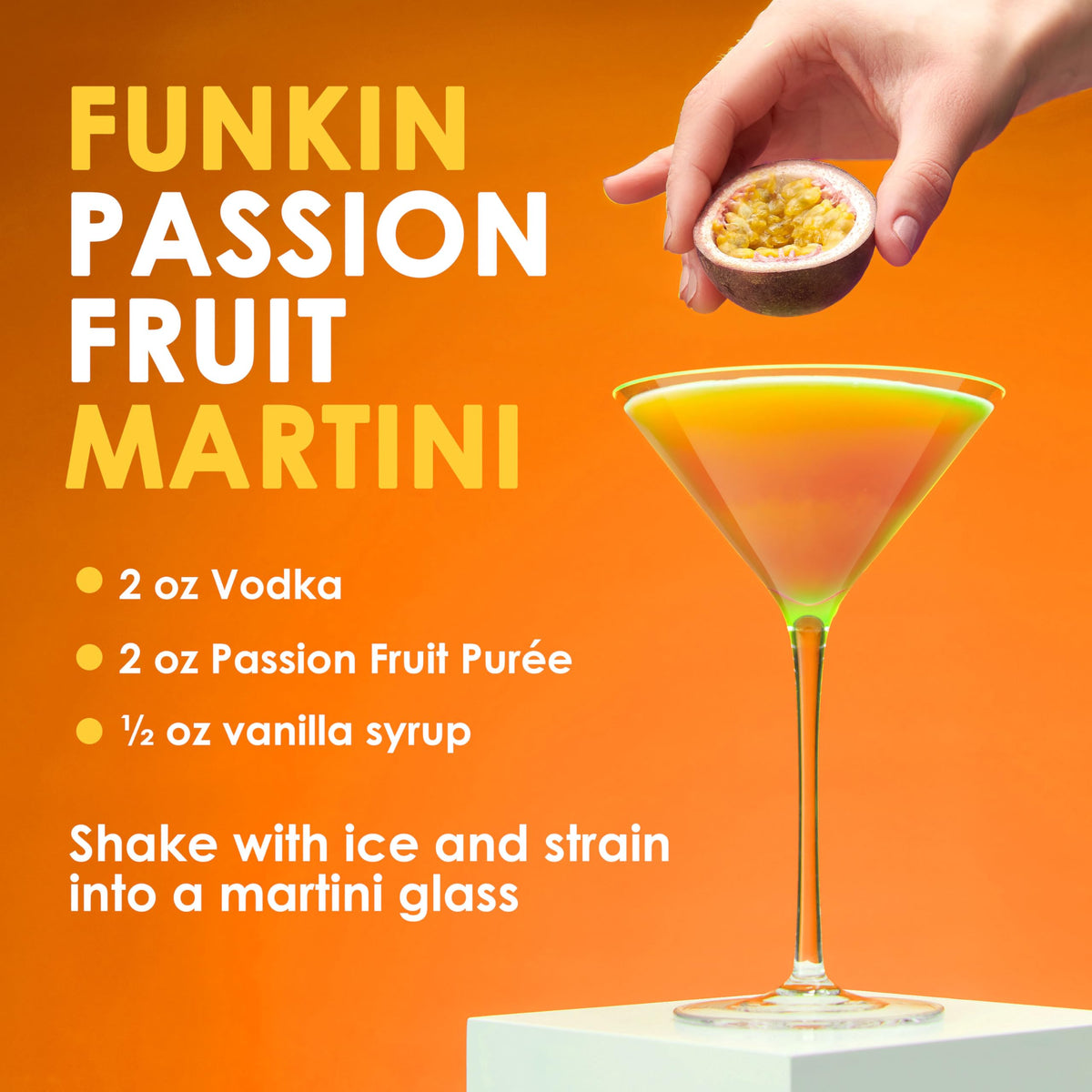 Funkin Passion Fruit Puree label highlights real fruit ingredients.