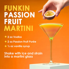 Funkin Passion Fruit Puree label highlights real fruit ingredients.