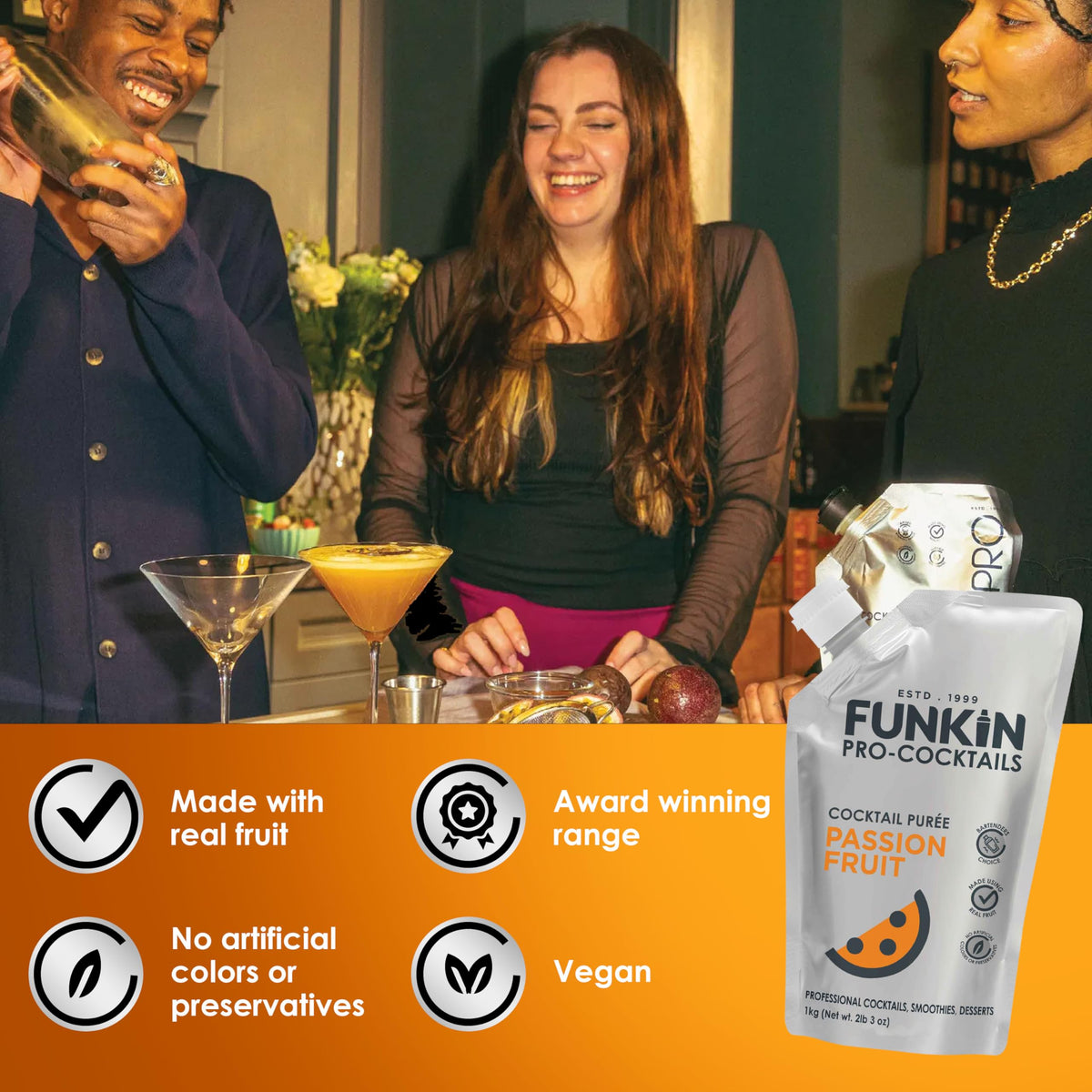 Pro-grade setup with Funkin Passion Fruit Puree for mixology.