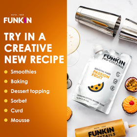 Easy-open resealable packaging keeps Funkin Passion Fruit Puree fresh.