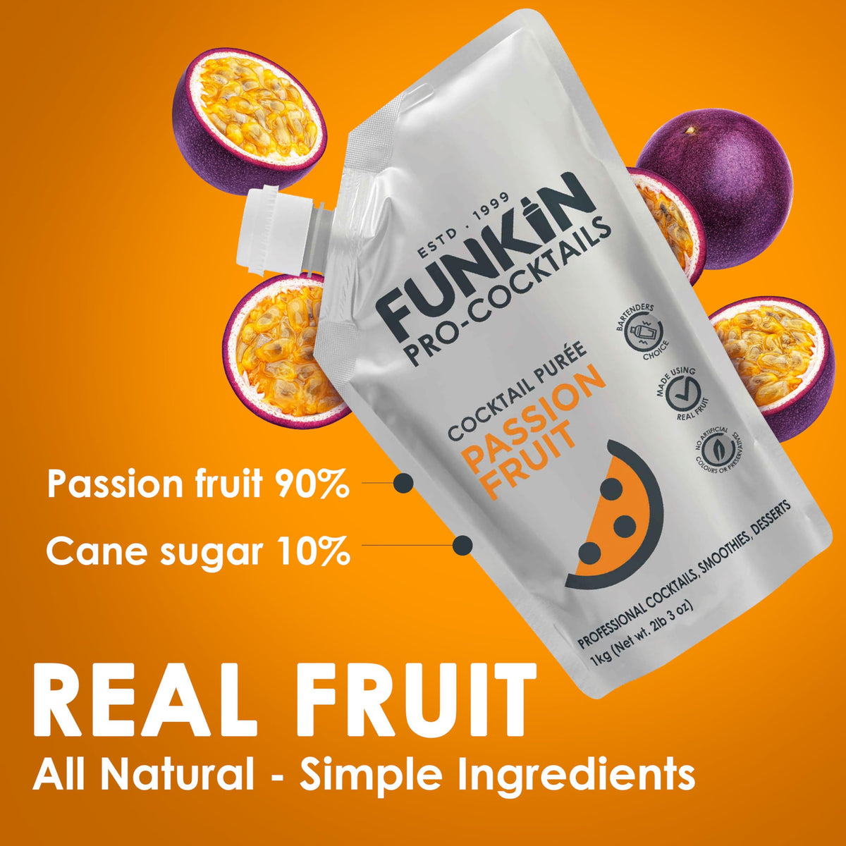 Funkin Passion Fruit Puree pour enables quick, no-prep cocktails.