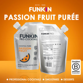 Close-up texture of Funkin Passion Fruit Puree reveals real fruit.