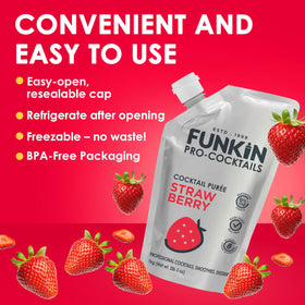 Funkin Strawberry puree all-natural label signals allergen-friendly, versatile option.