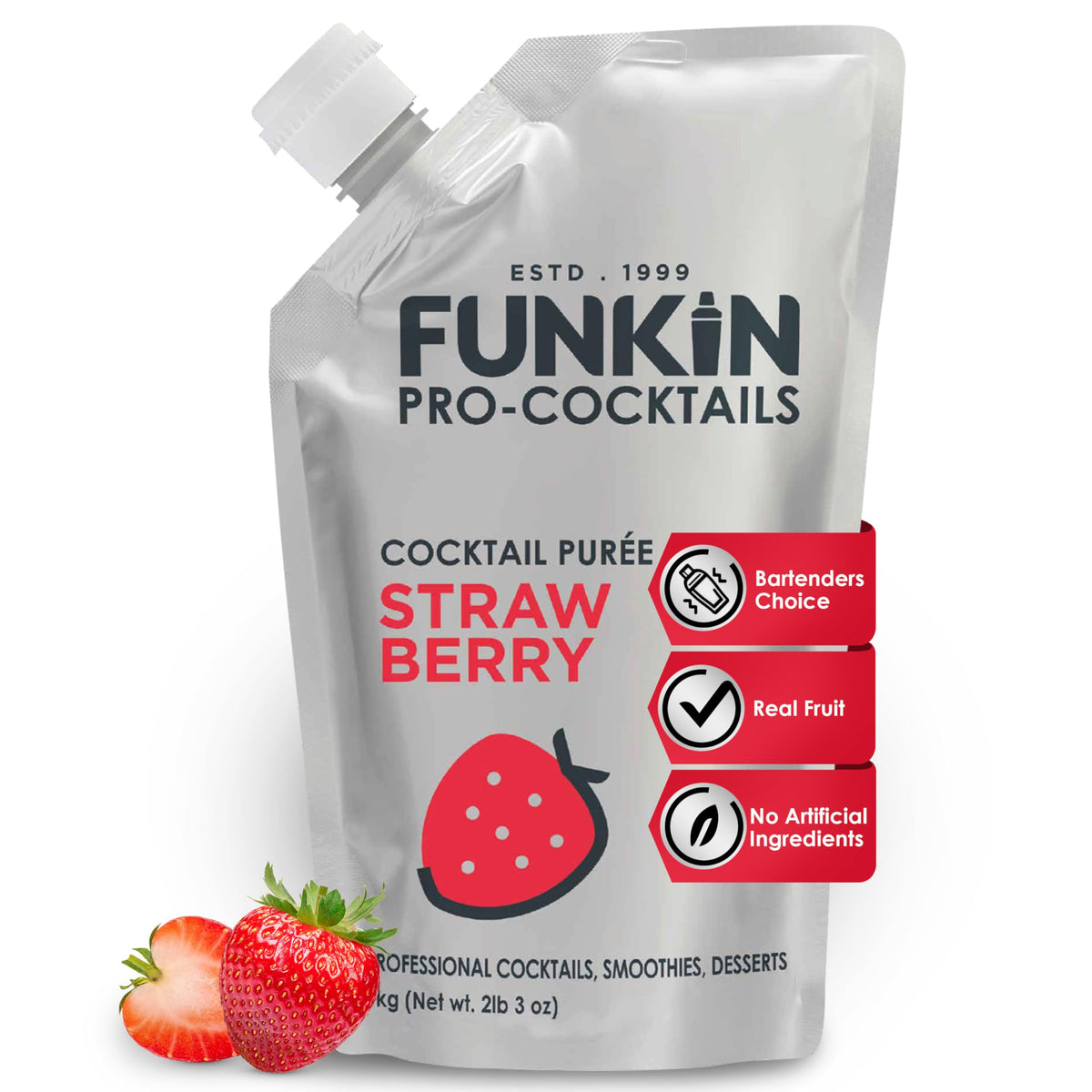 Funkin Strawberry puree bottle close-up showing real fruit base for cocktails.