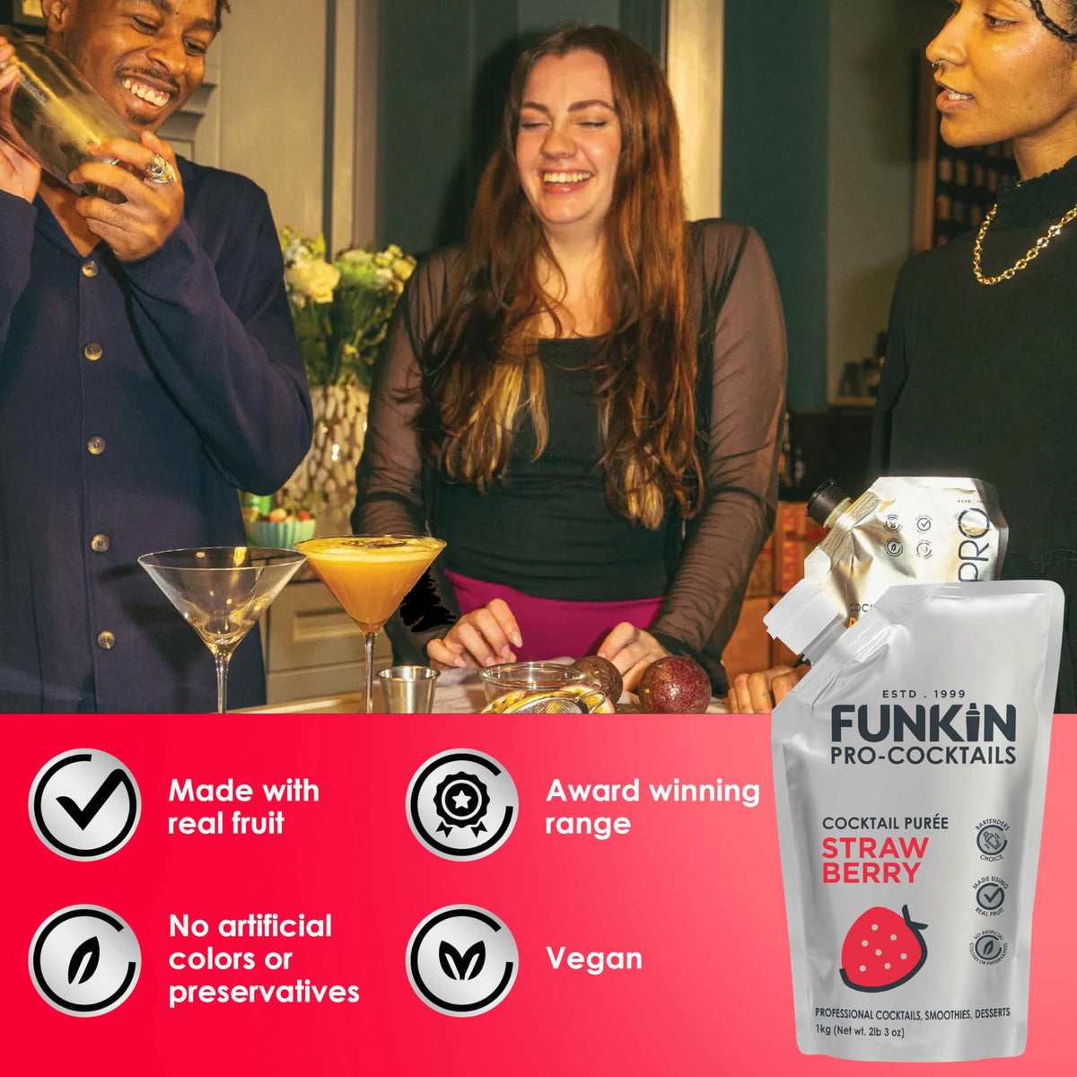 Funkin Strawberry puree brand label highlights gluten-free and vegan-friendly option.