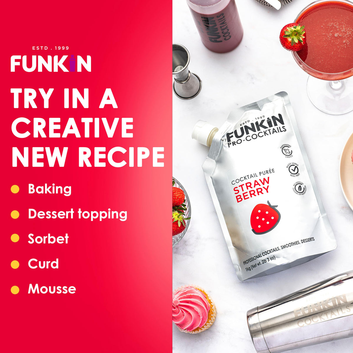 Funkin Strawberry puree on kitchen counter suggesting daily recipe ideas.