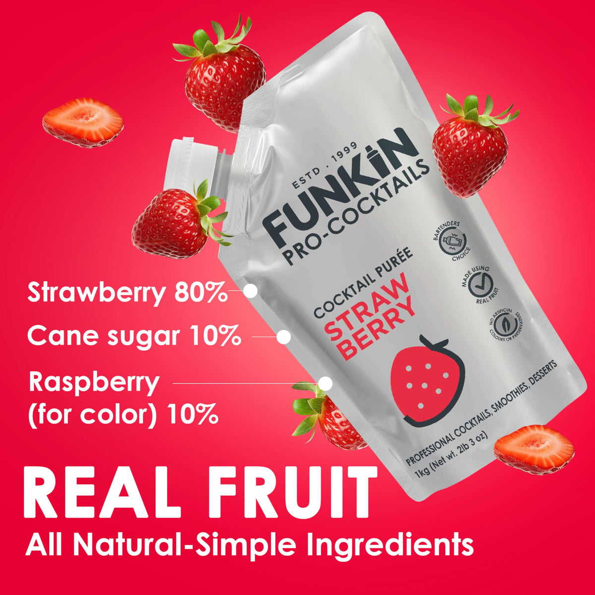 Funkin Strawberry puree pouring into a glass for vibrant drinks.