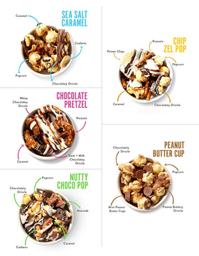 Funky Chunky chocolate-pretzel popcorn with pecans and a cocoa drizzle.
