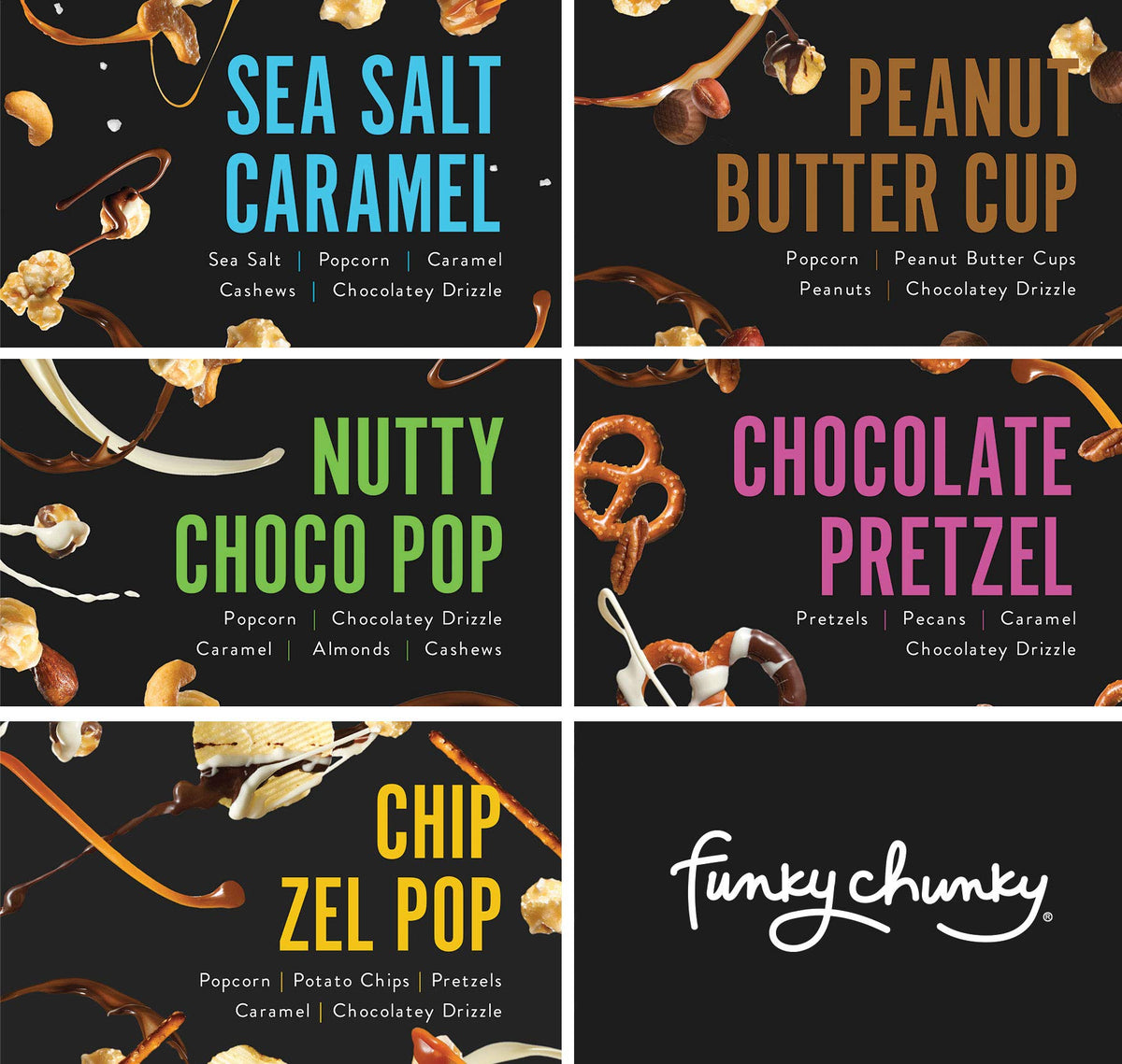 Funky Chunky sea-salt-caramel popcorn with gooey caramel and roasted cashews.