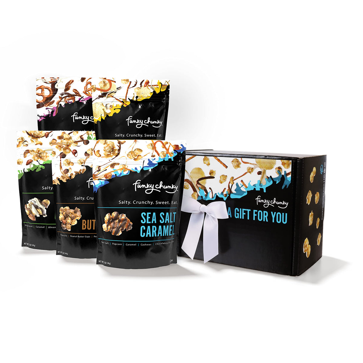 Funky Chunky tasting kit five-flavor display, ideal gift for popcorn lovers.