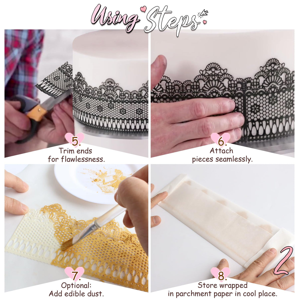 FUNSHOWCASE edible lace cut-to-fit option for various cake shapes.