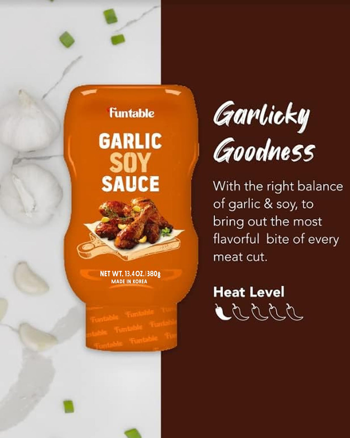 Pouring Funtable Garlic Soy Sauce over grilled meat for a savory glaze