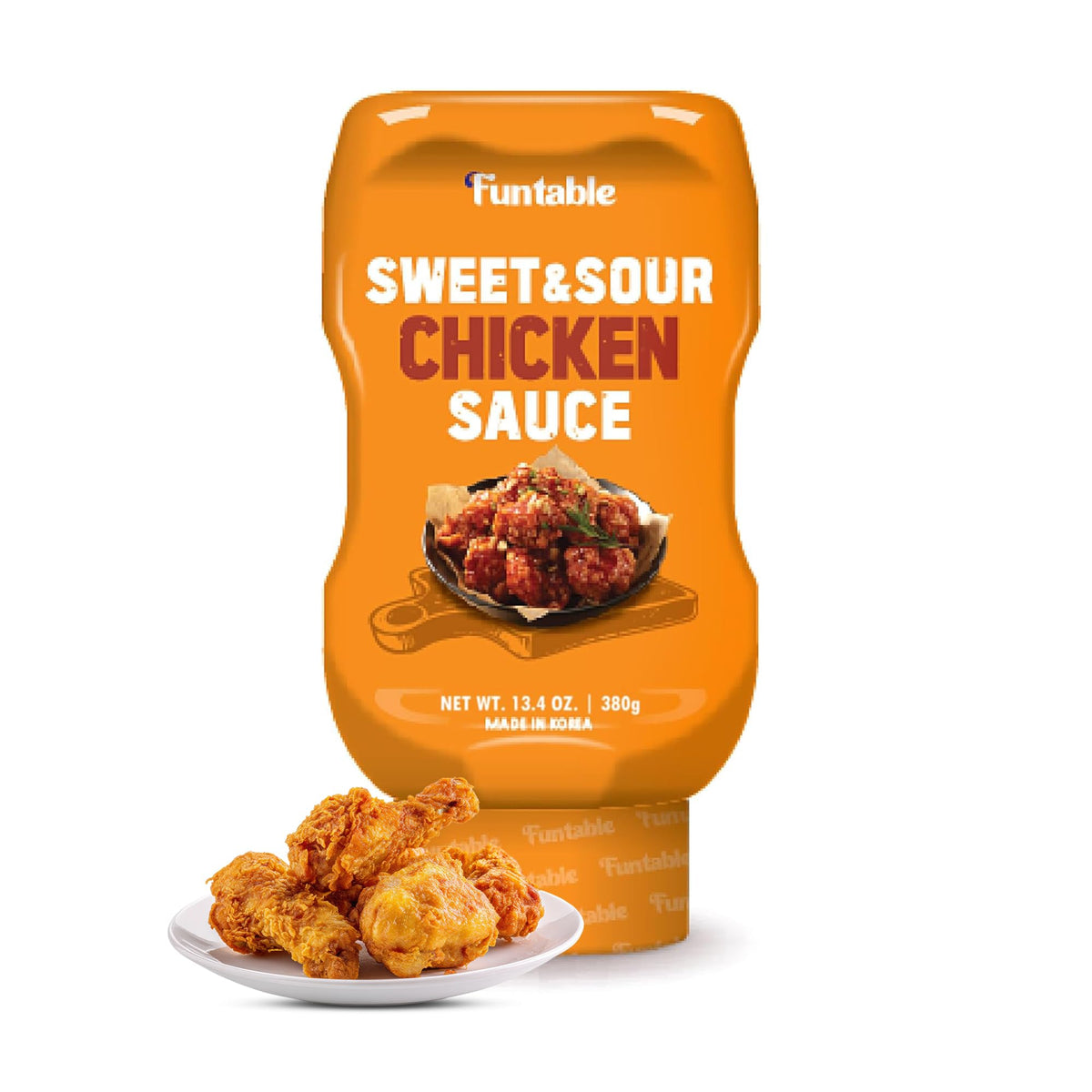 Funtable Sweet & Sour Chicken Sauce bottle shown, ready to glaze fried chicken with Korean flavor.