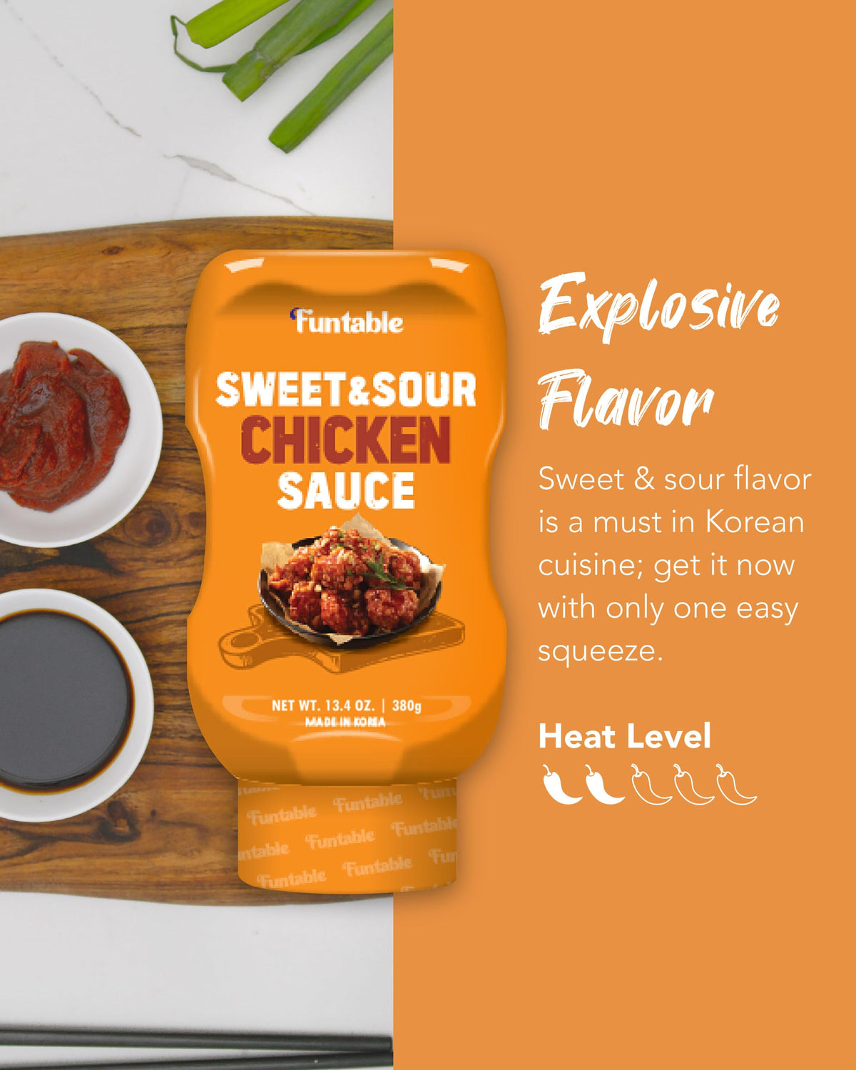 Funtable Sweet & Sour Chicken Sauce pour captures easy pouring for quick dipping and coating.