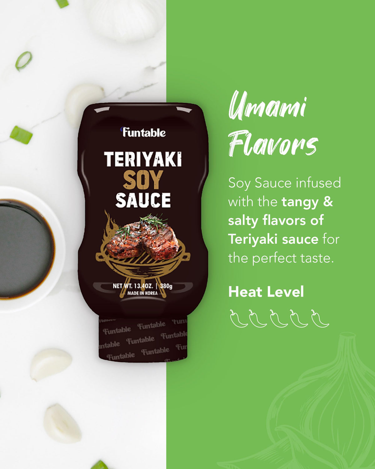 Pour of Funtable Teriyaki Sauce ideal for dipping and glazing meats.