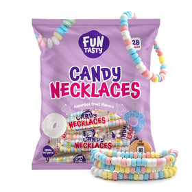 FUNTASTY Candy Necklaces arranged on table show colorful party favors and snackable fun.