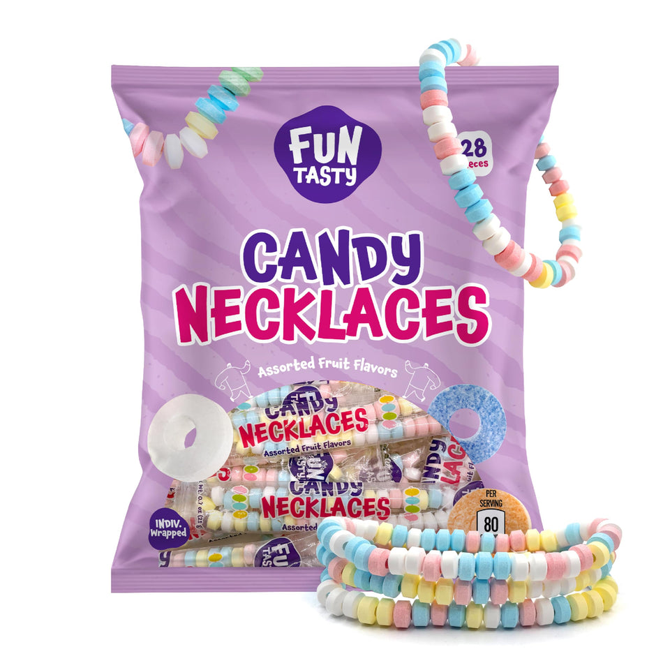 FUNTASTY Candy Necklaces arranged on table show colorful party favors and snackable fun.