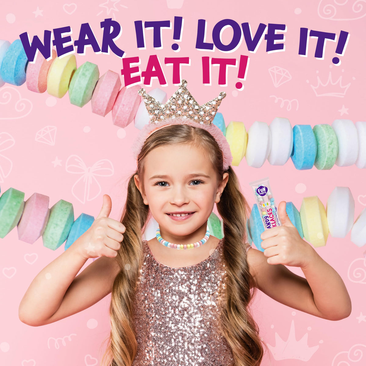 FUNTASTY Candy Necklaces beads closeup highlights bright fruit flavors and wearable appeal.