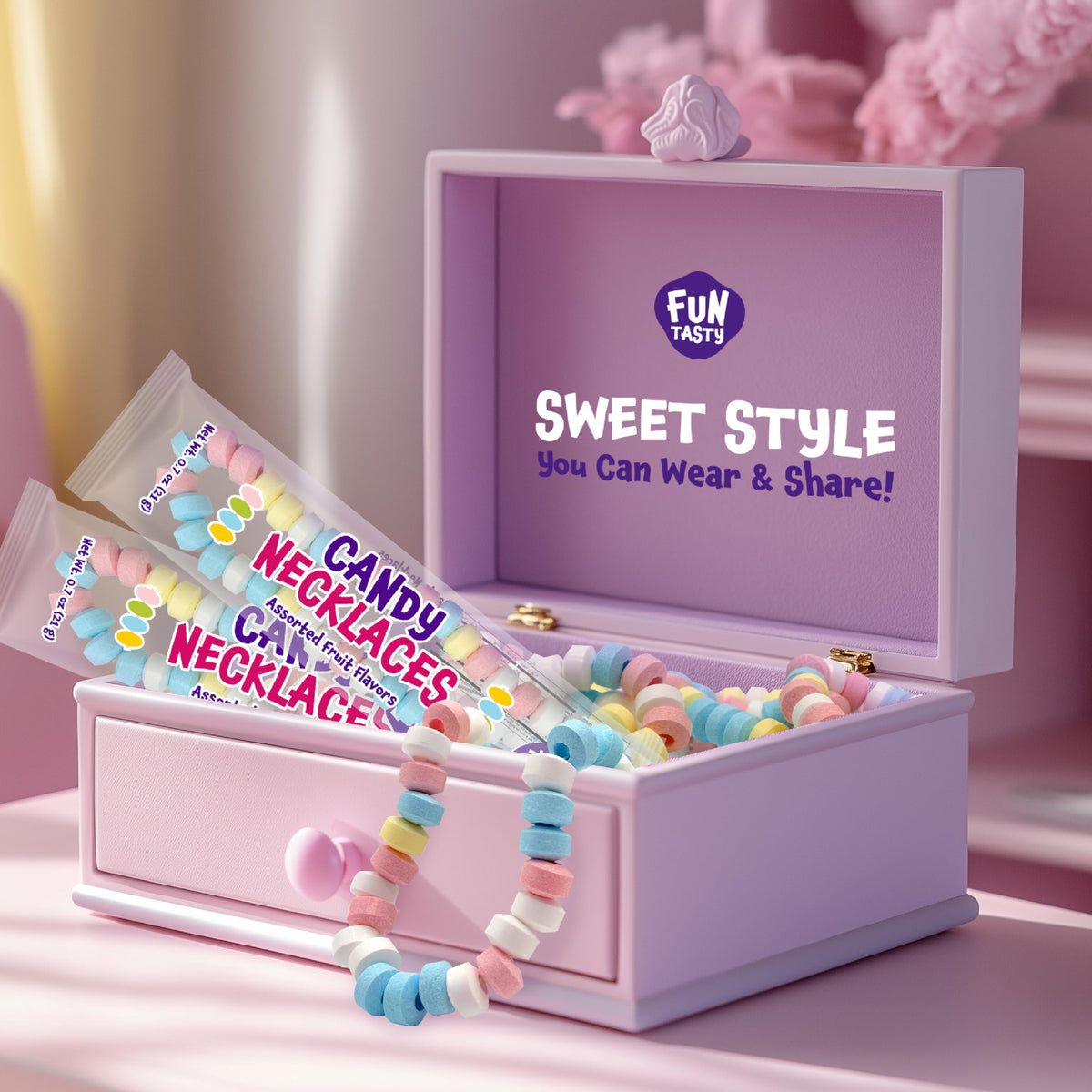 FUNTASTY Candy Necklaces display as ready-to-go party favors for quick celebrations.