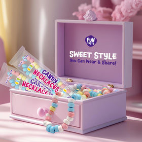 FUNTASTY Candy Necklaces display as ready-to-go party favors for quick celebrations.