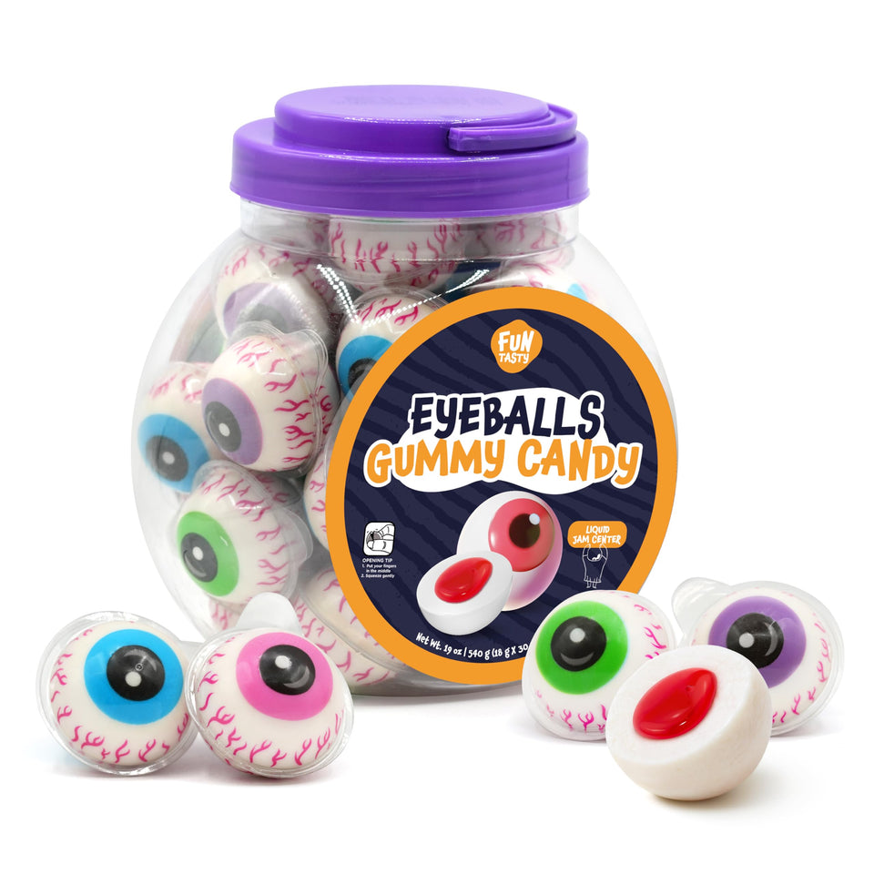 FUNTASTY Eyeballs gummy jar makes a striking party centerpiece and shared Halloween treat.